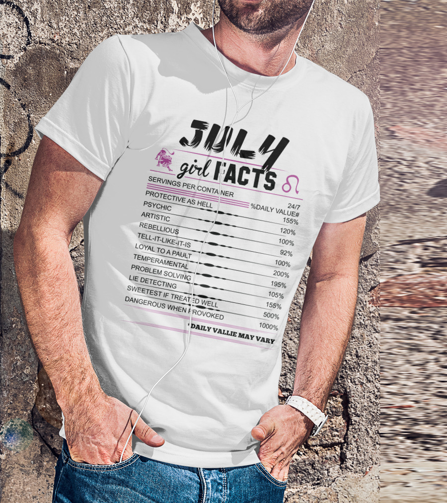 July Girl Facts Leo Servings Psychic Artistic Rebellious Loyal Lie Detecting T-Shirt