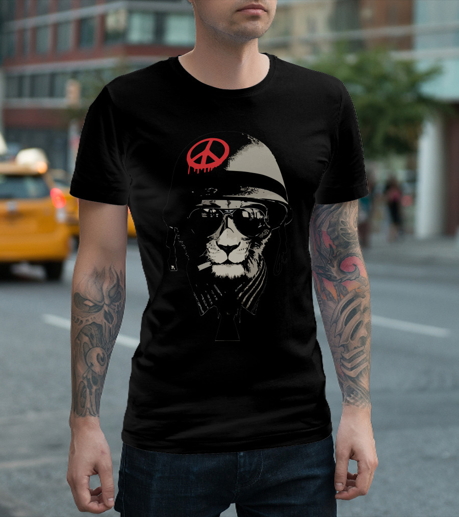 Lion in Helmet with Sunglasses and Peace T-Shirt