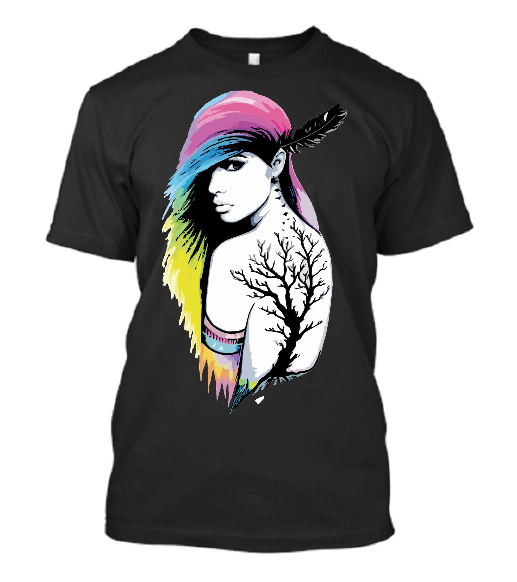 Rainbow Girl Feather Hair Tree Tattoo T-Shirt