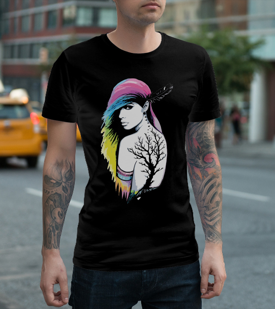 Rainbow Girl Feather Hair Tree Tattoo T-Shirt