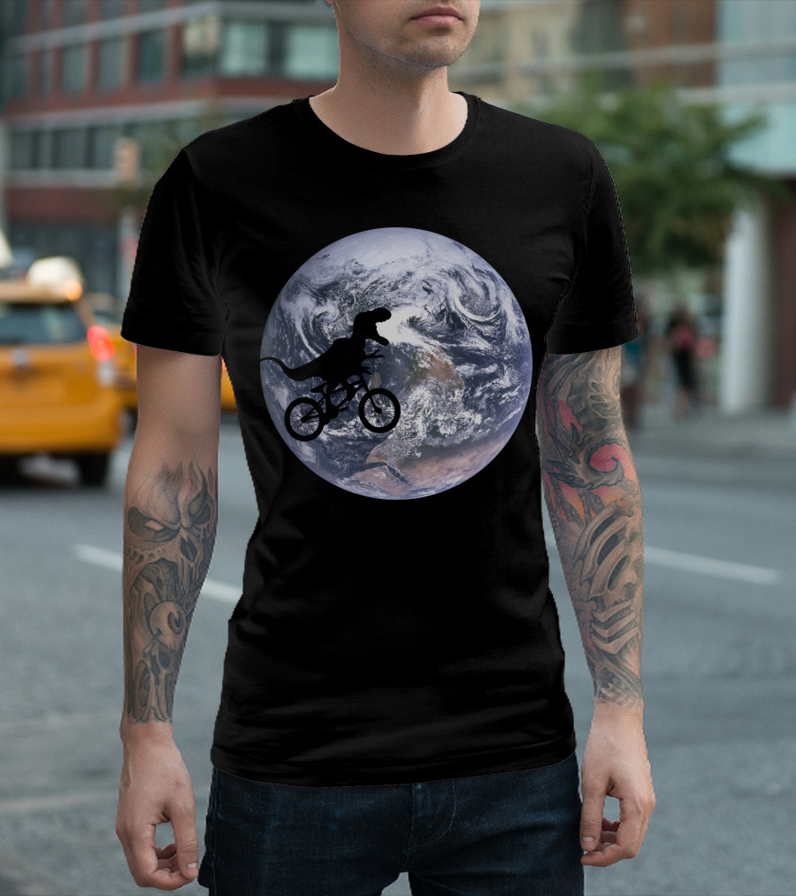 Etdino Dinosaur Silhouette on Bicycle against Earth Background T-Shirt