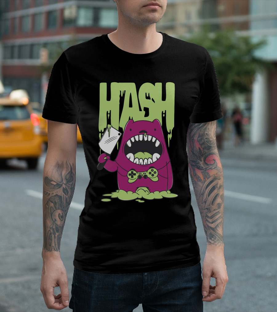 HASH Monster Holding Game Controller and Cleaver T-Shirt