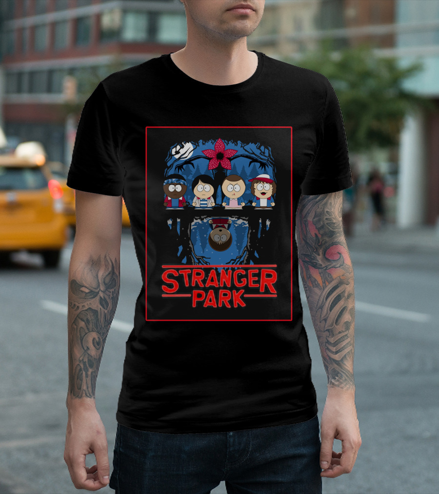 Stranger Park South Style Forest Adventure with Upside-Down Mirror and Red Flower Monster T-Shirt