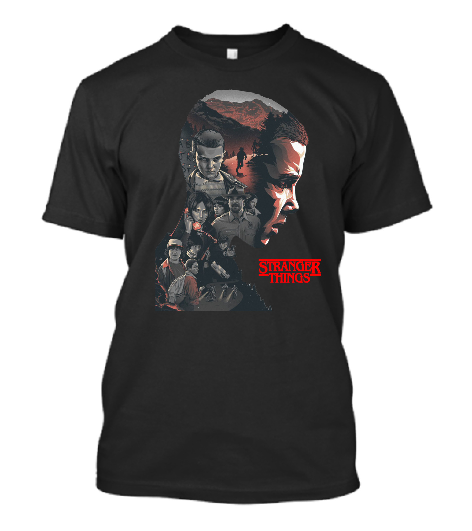 Stranger Things Silhouette Montage With Eleven And Hawkins Characters T-Shirt