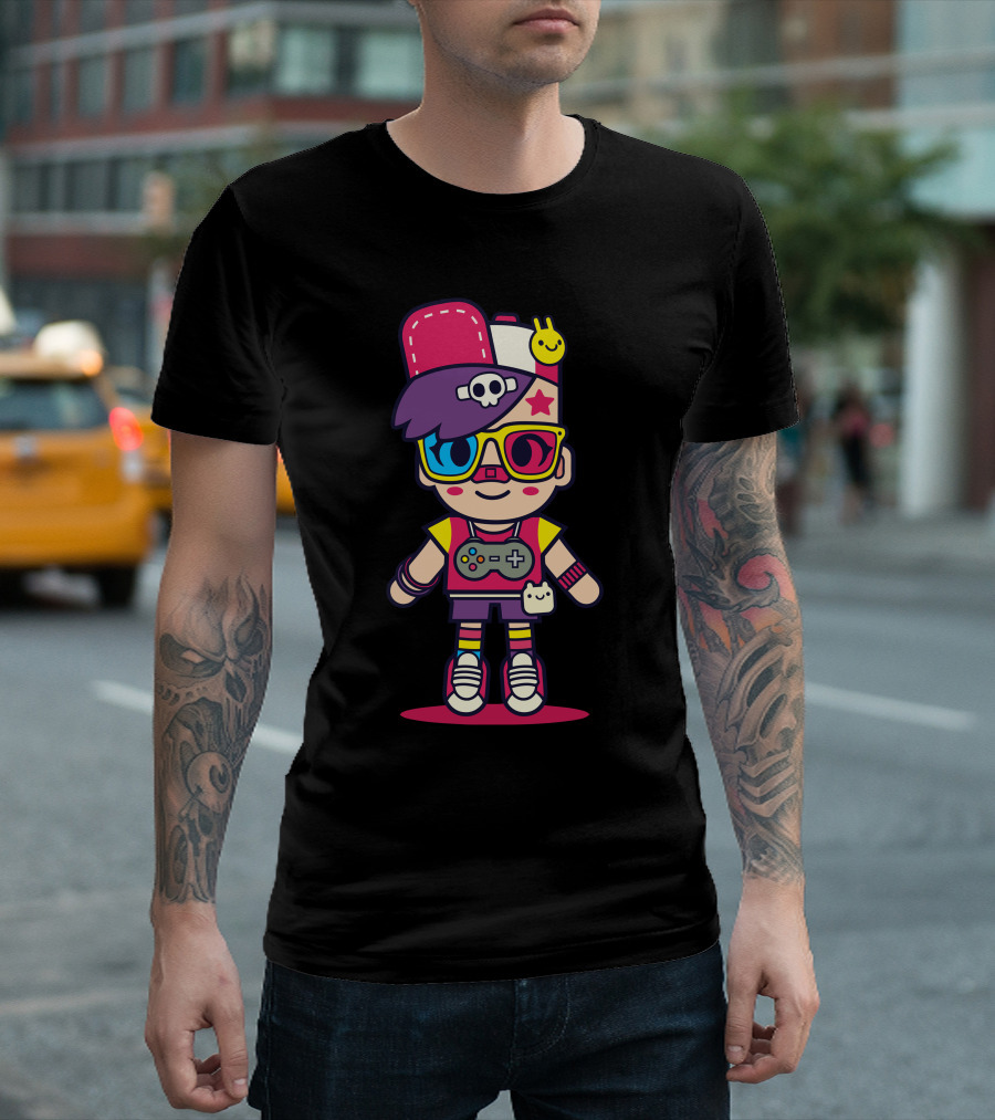 Super Colour Retro Gamer Kid with Skull Hat and Game Controller Accessories T-Shirt