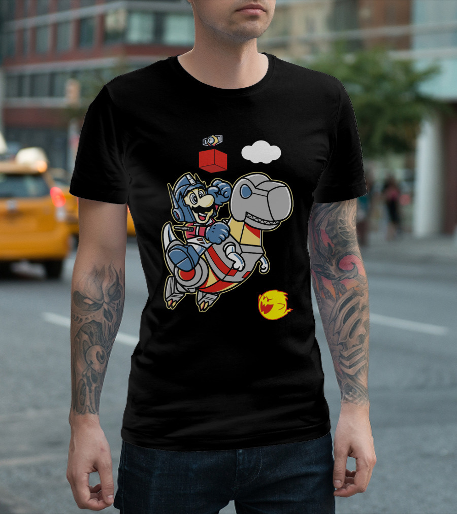 Super Prime Bros Mario Optimus Hybrid with Dino Companion T-Shirt