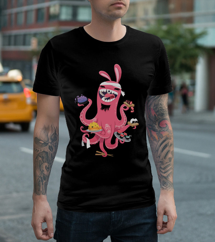 Sushi Up Pink Octopus Chef with Sushi Dishes T-Shirt