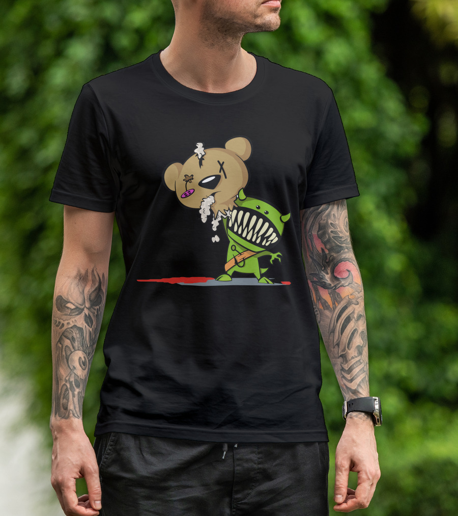 Teddy Monster With Green Creature And Decapitated Bear Head T-Shirt