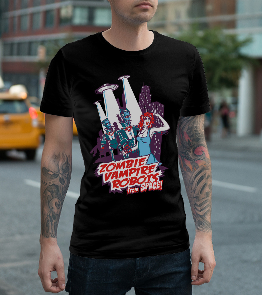 Zombie Vampire Robots From Space Cityscape Panic T-Shirt