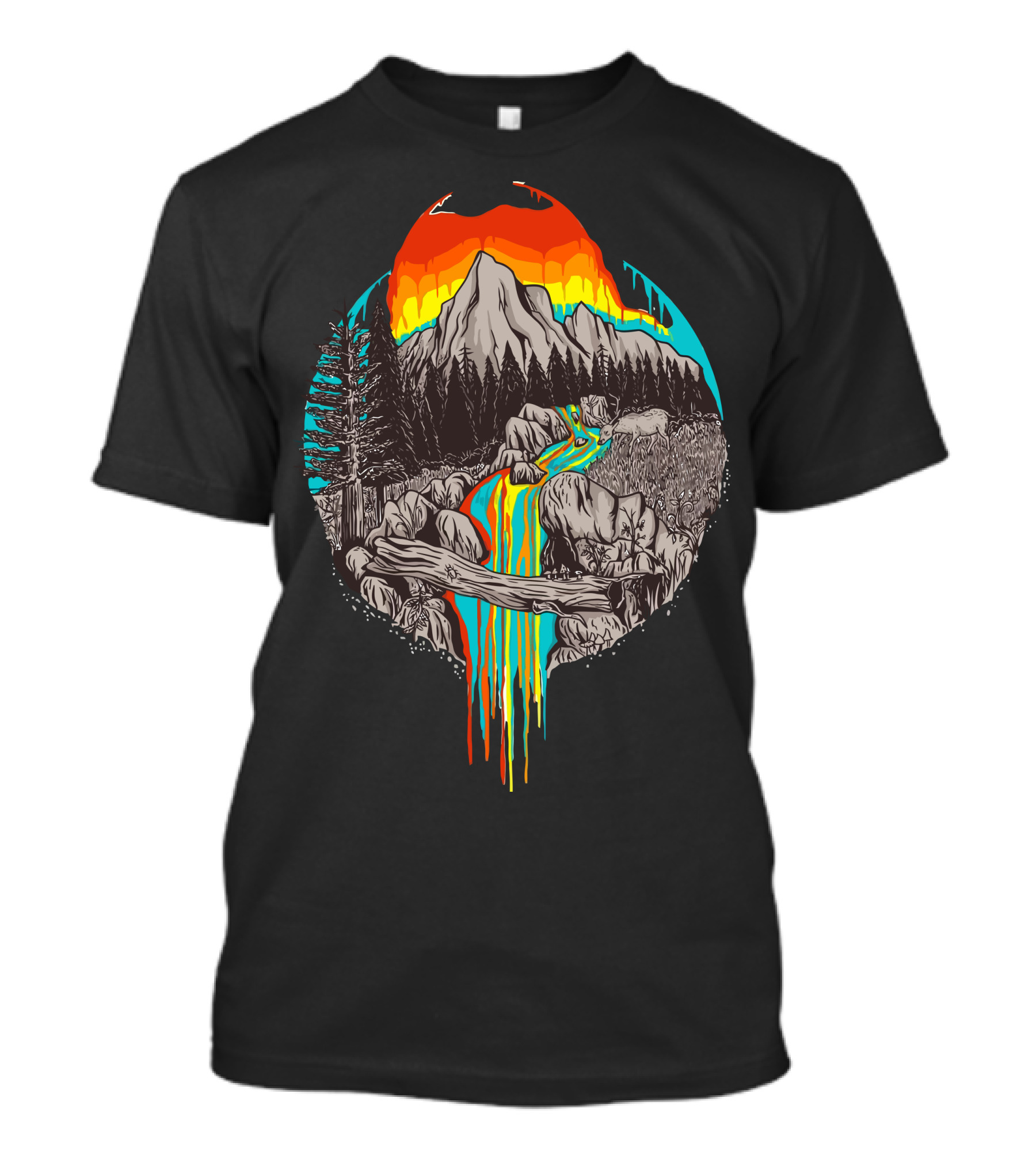 Melting Sun Vibrant Mountain Landscape With Colorful River And Fiery Sky T-Shirt