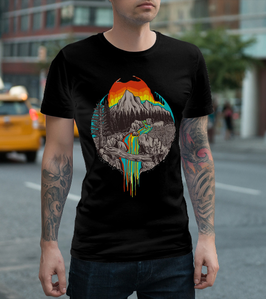 Melting Sun Vibrant Mountain Landscape With Colorful River And Fiery Sky T-Shirt