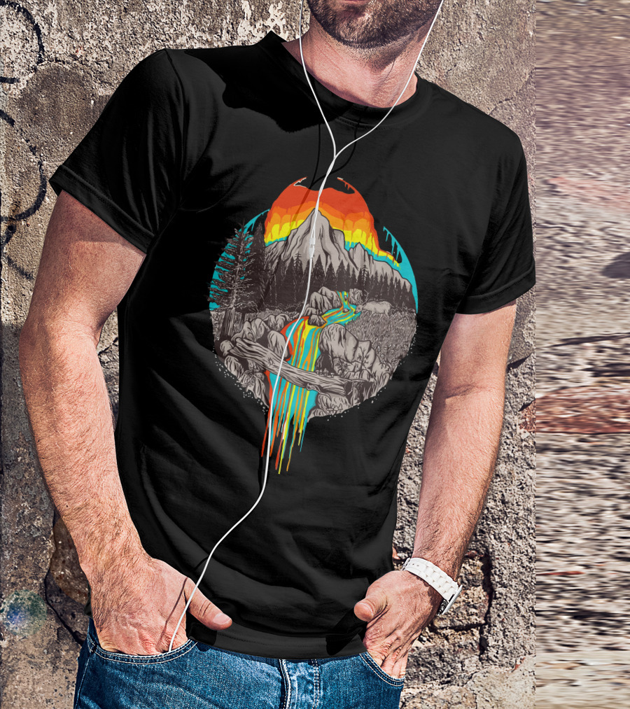 Melting Sun Vibrant Mountain Landscape With Colorful River And Fiery Sky T-Shirt