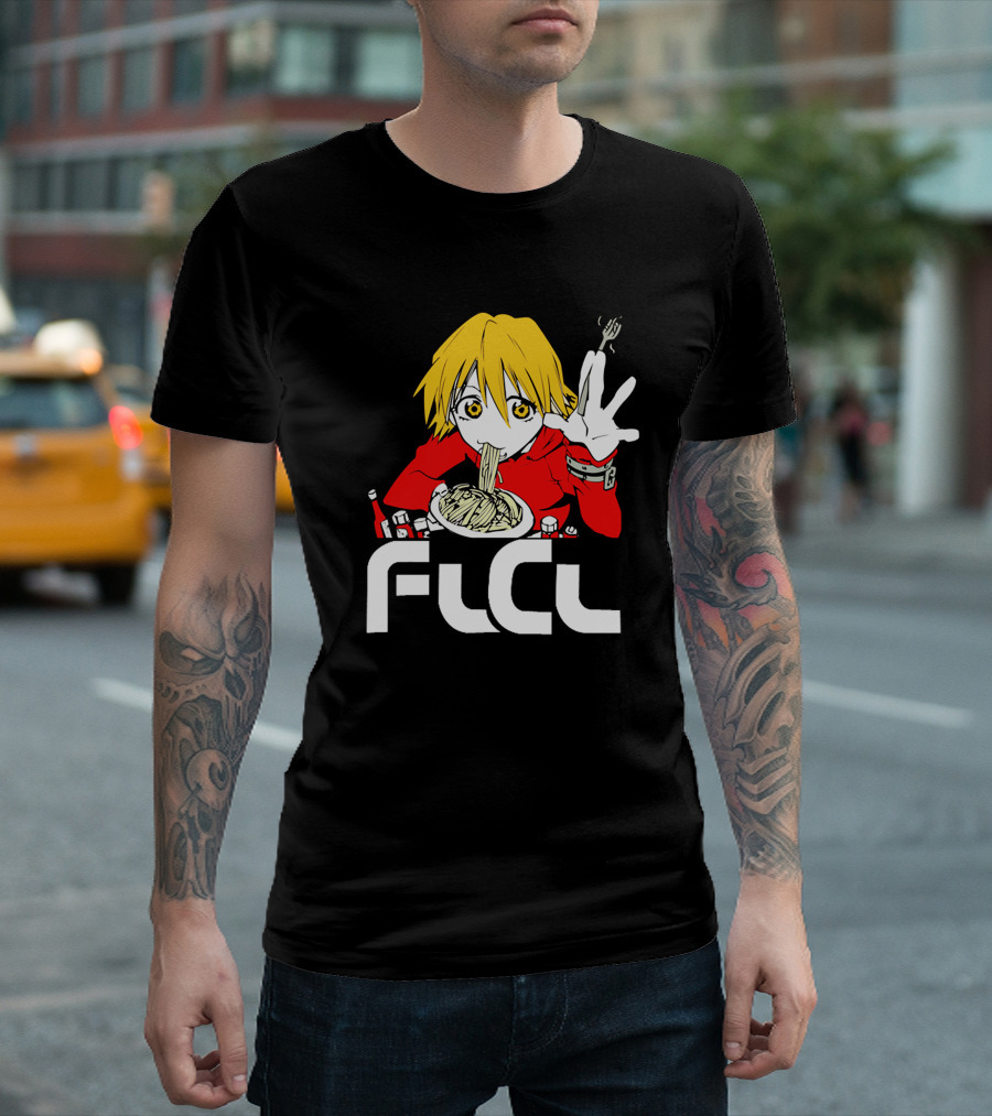 FLCL Haruhara Haruko Anime Japanese Black White Noodles T-Shirt