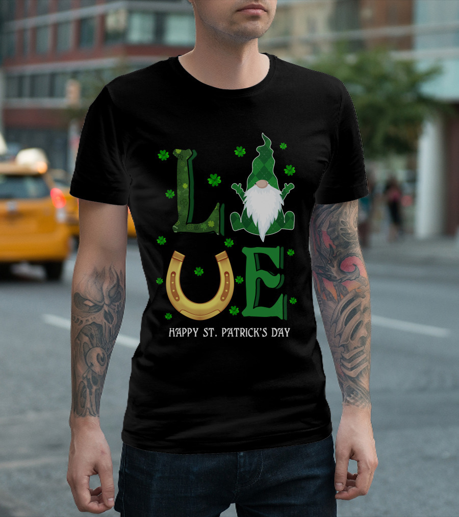LOVE St. Patrick's Day Gnome Horseshoe Shamrock T-Shirt