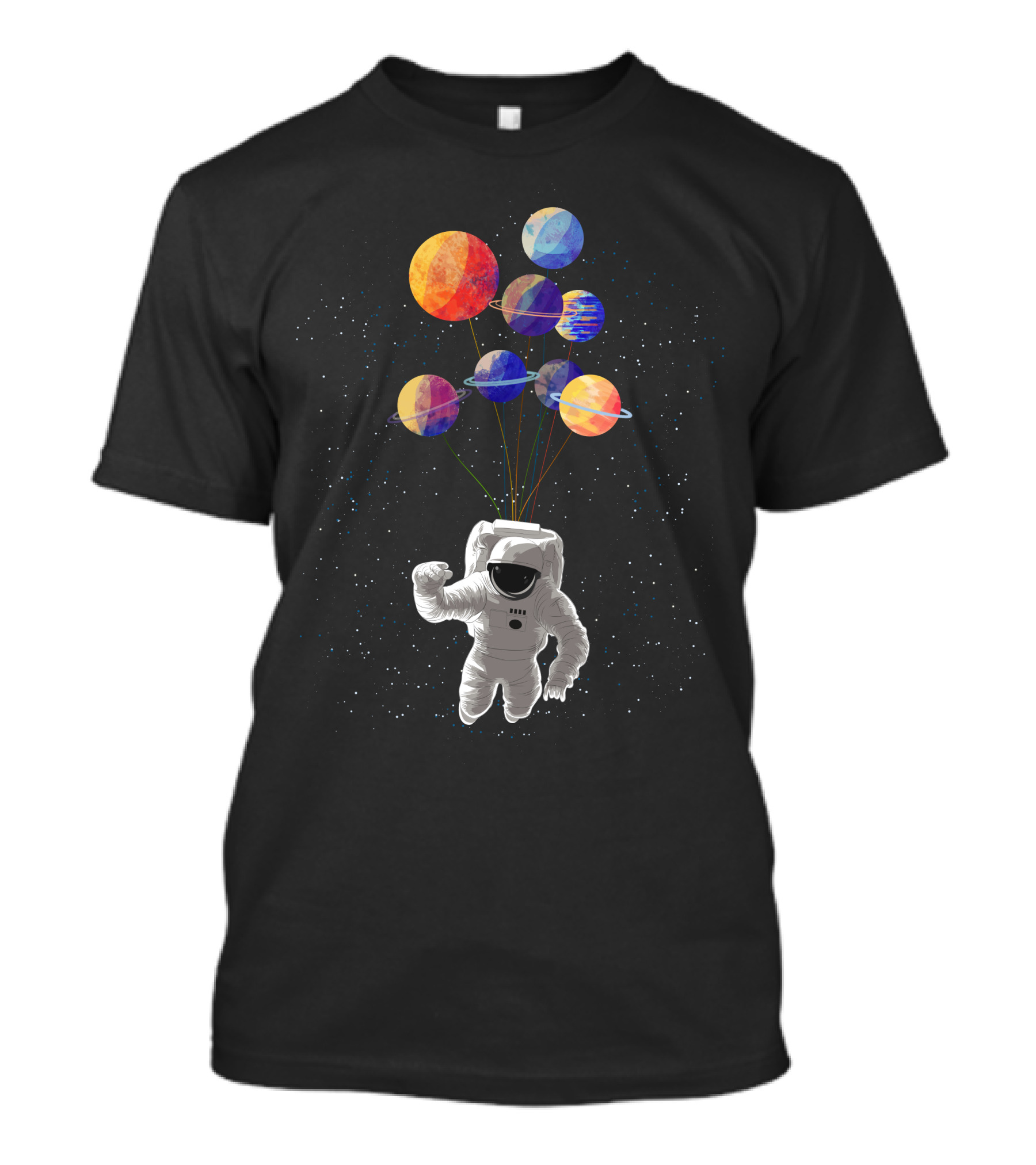 Astronaut Wandering In Space Colorful Planets Balloons Floating T-Shirt