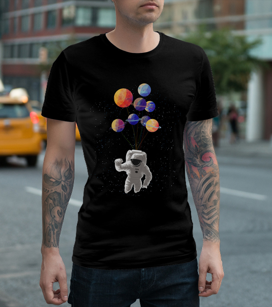 Astronaut Wandering In Space Colorful Planets Balloons Floating T-Shirt