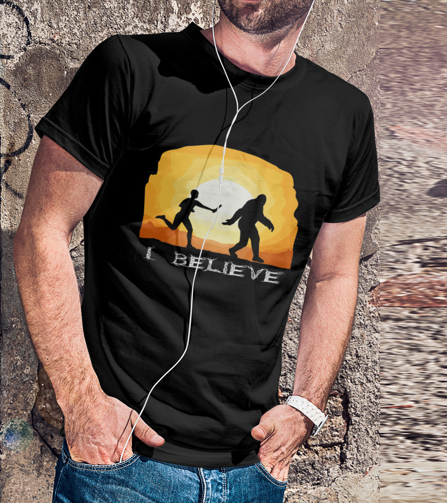 I Believe Bigfoot Crossing Passing Baton Sunset T-Shirt