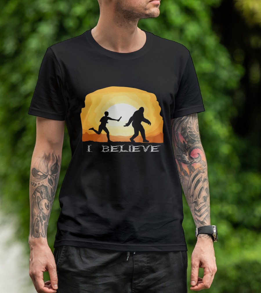 I Believe Bigfoot Crossing Passing Baton Sunset T-Shirt