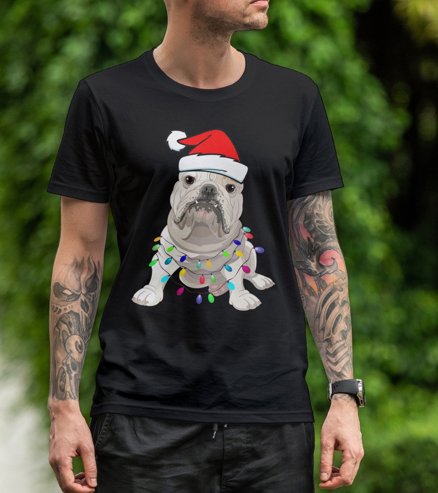 Bulldog Santa Christmas Lights T-Shirt