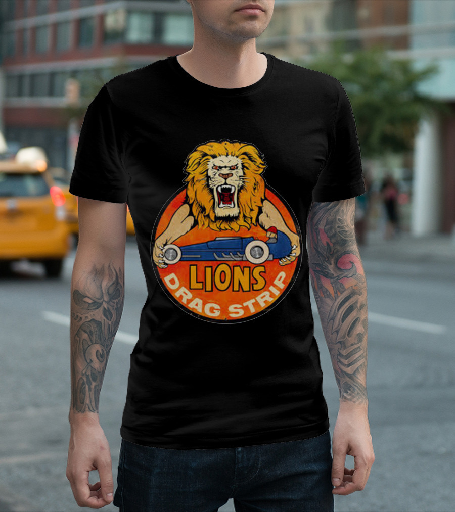 Lions Drag Strip Racing Emblem with Classic Car and Fierce Lion T-Shirt
