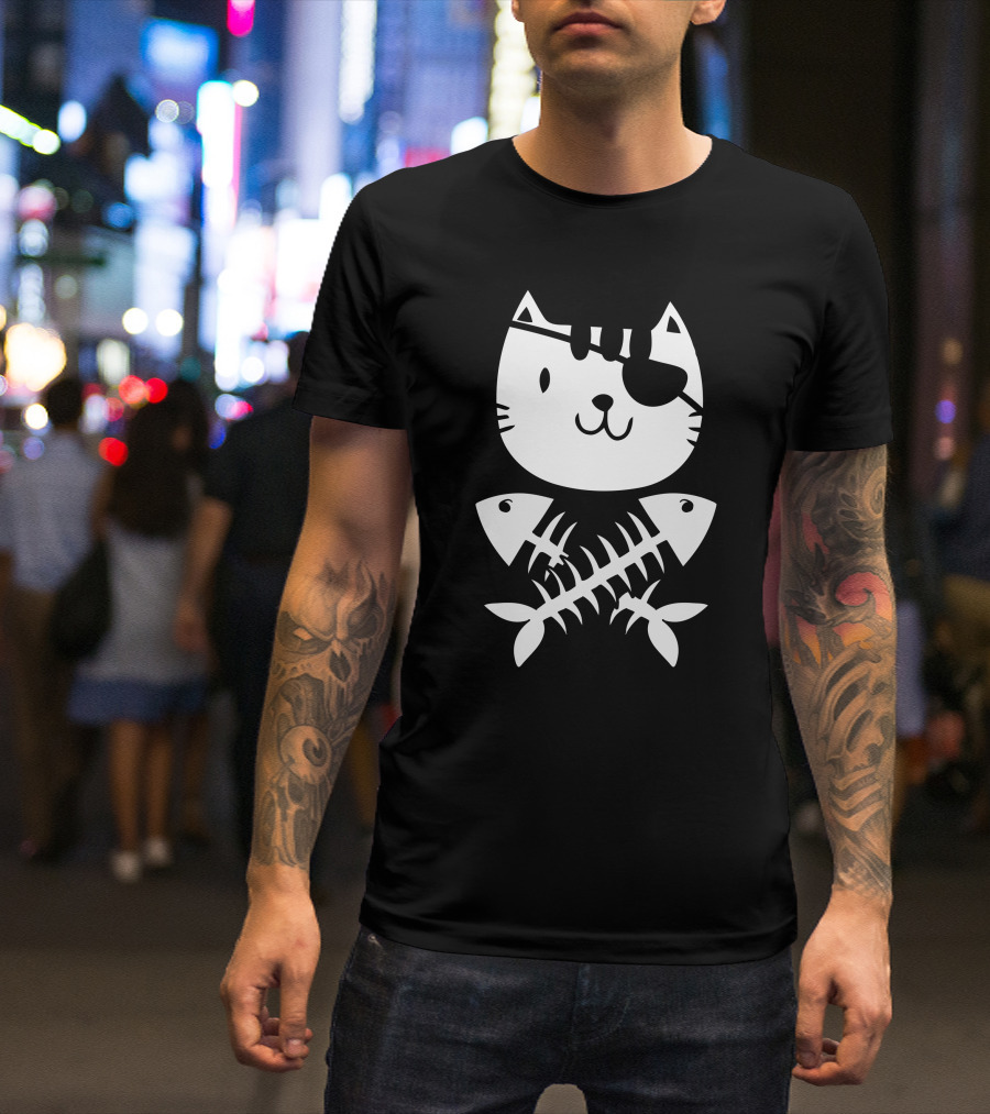 Cat Pirate With Eyepatch And Crossbones Fish T-Shirt