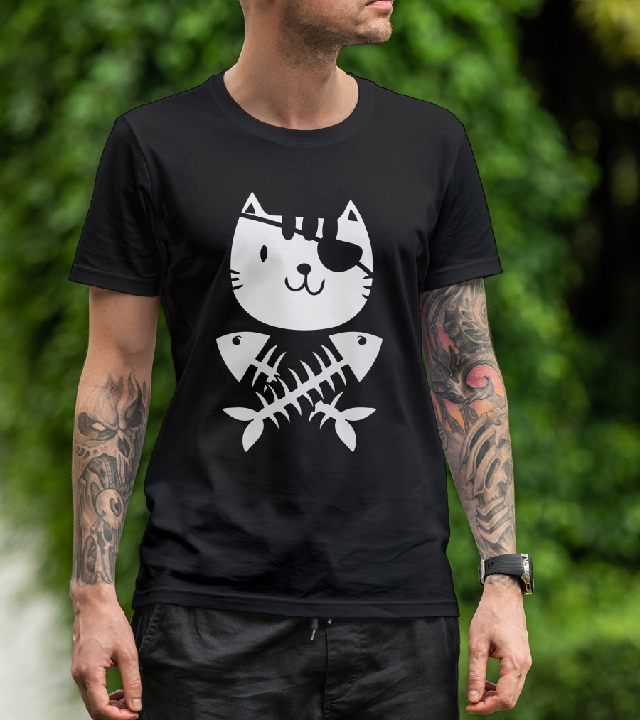 Cat Pirate With Eyepatch And Crossbones Fish T-Shirt