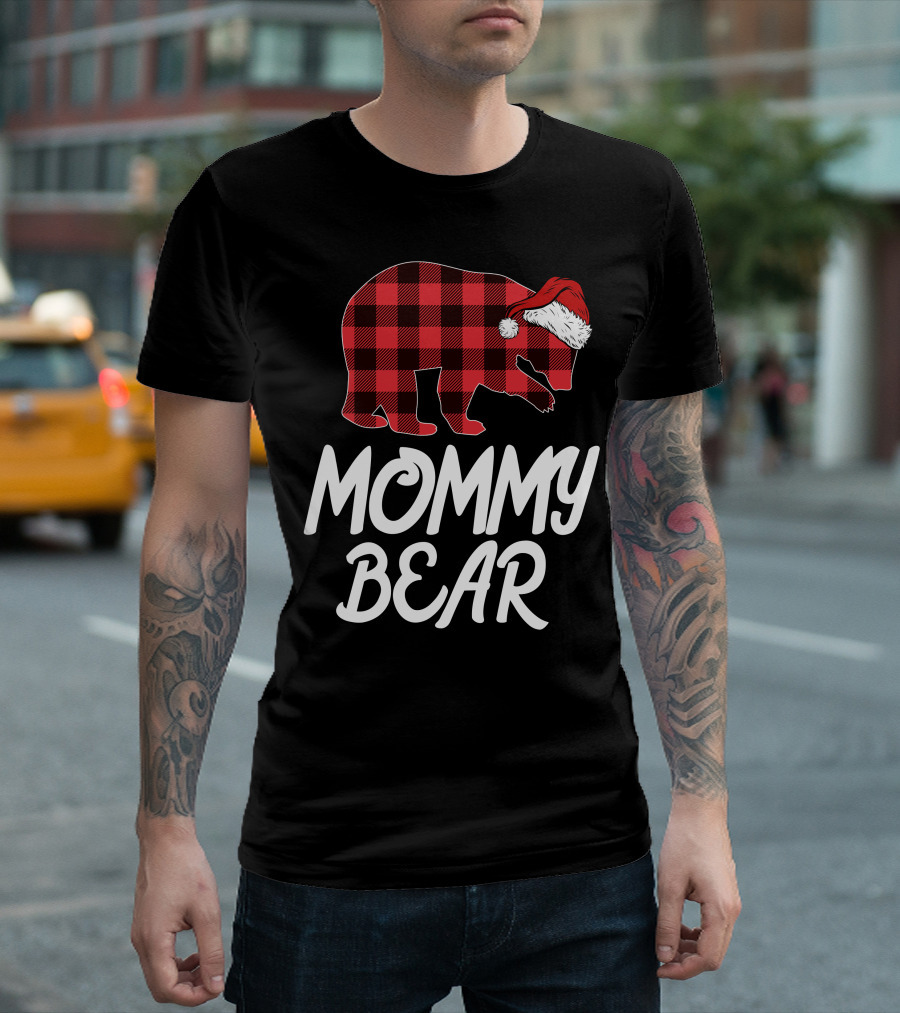 Mommy Bear Christmas Plaid Santa Hat T-Shirt