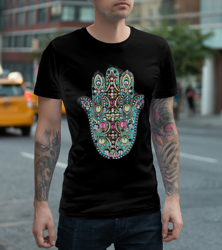 Colorful Hand Of Fatima Hamsa Symbol With Ornate Jewels T-Shirt