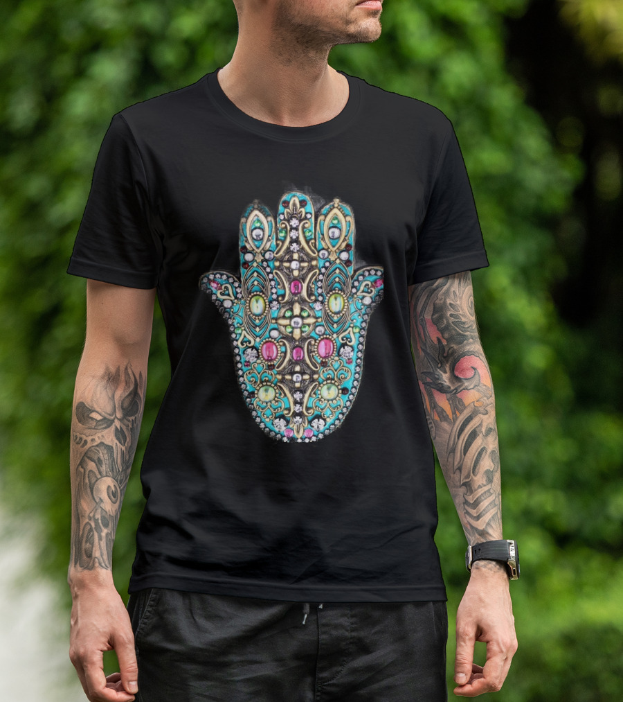 Colorful Hand Of Fatima Hamsa Symbol With Ornate Jewels T-Shirt