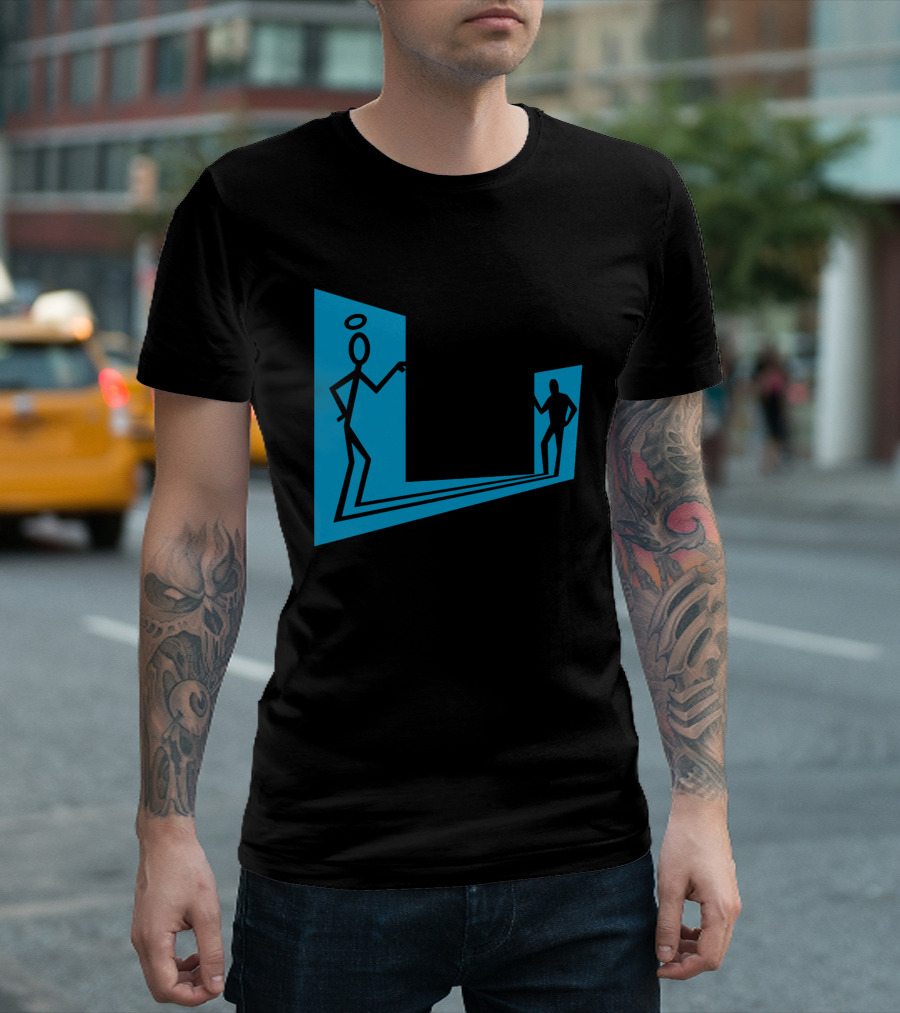 Enter The Saint Stick Figures with Halo and Shadow Silhouette in Blue Rectangular Frame T-Shirt
