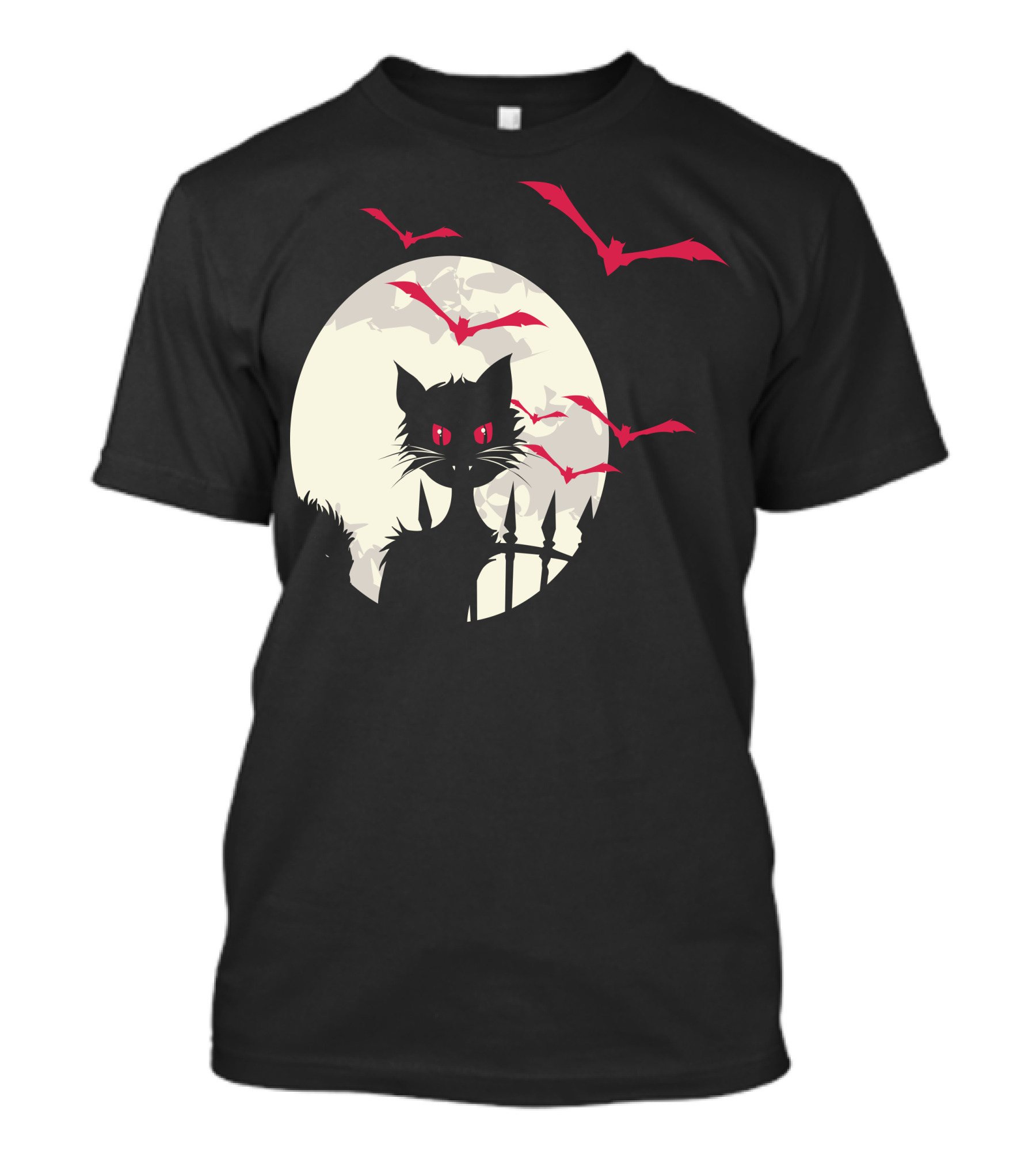 Halloween Cat With Red-Eyed Bats In Full Moon T-Shirt