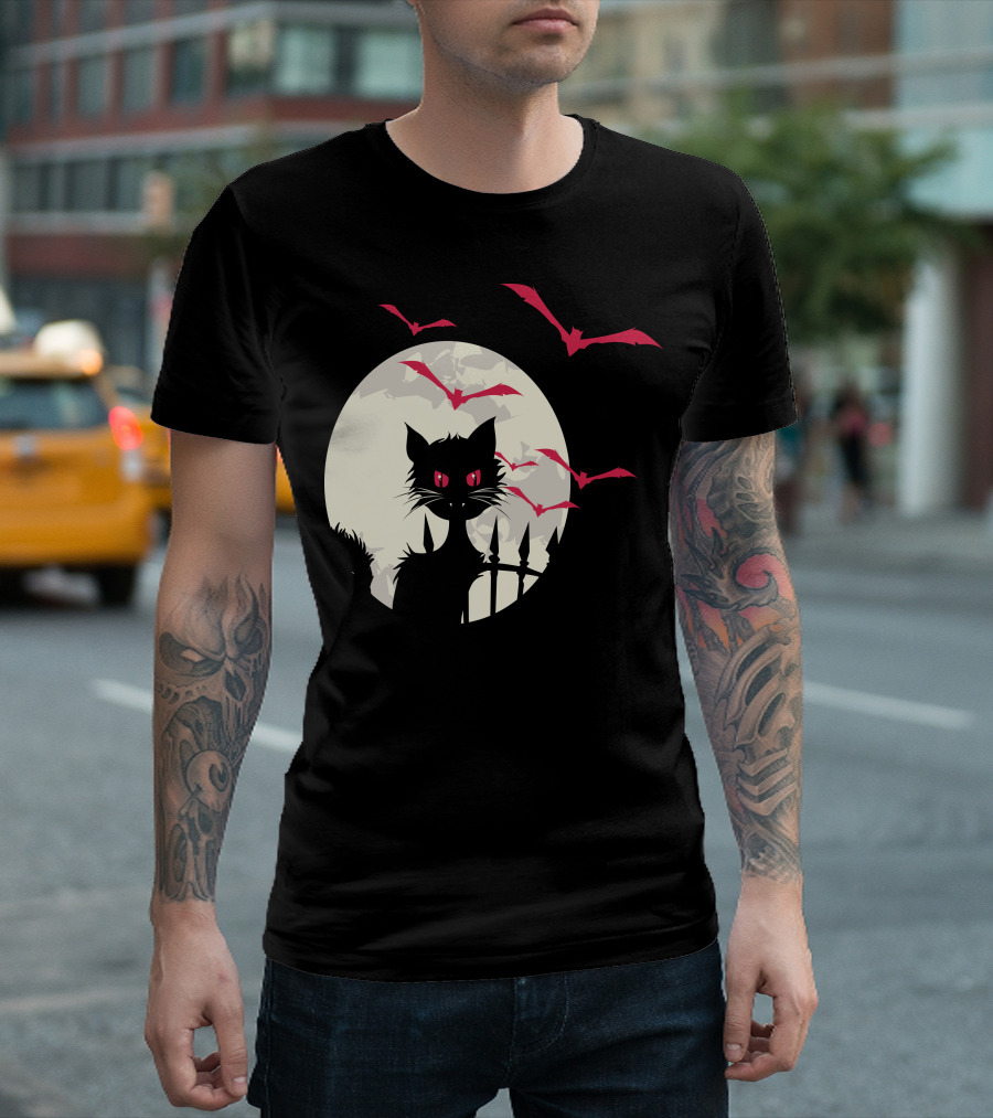 Halloween Cat With Red-Eyed Bats In Full Moon T-Shirt