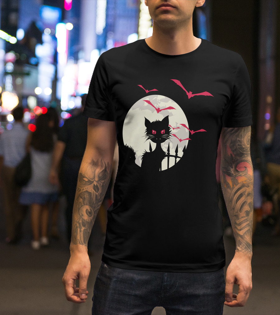 Halloween Cat With Red-Eyed Bats In Full Moon T-Shirt