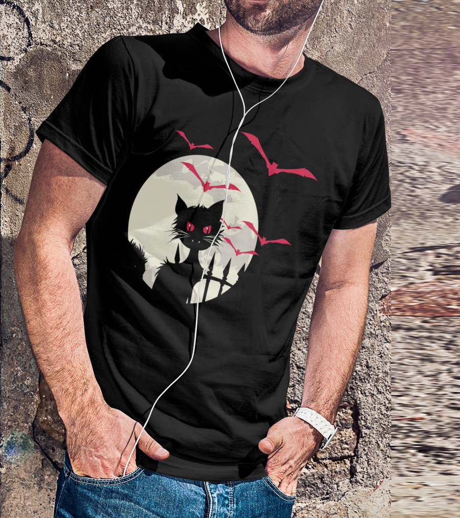 Halloween Cat With Red-Eyed Bats In Full Moon T-Shirt