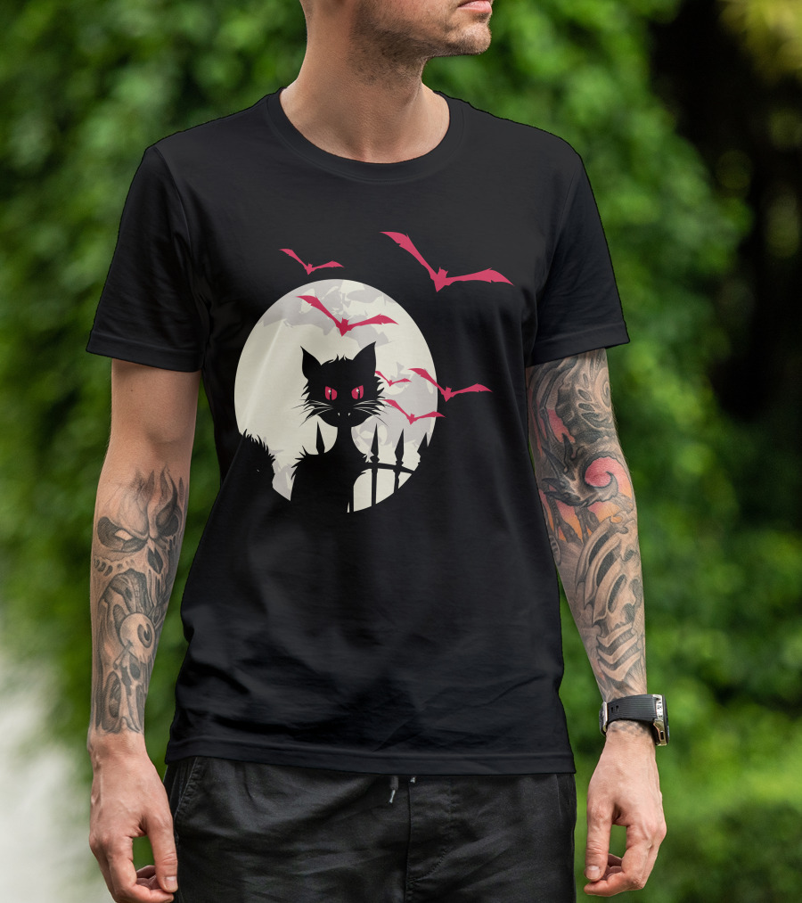 Halloween Cat With Red-Eyed Bats In Full Moon T-Shirt