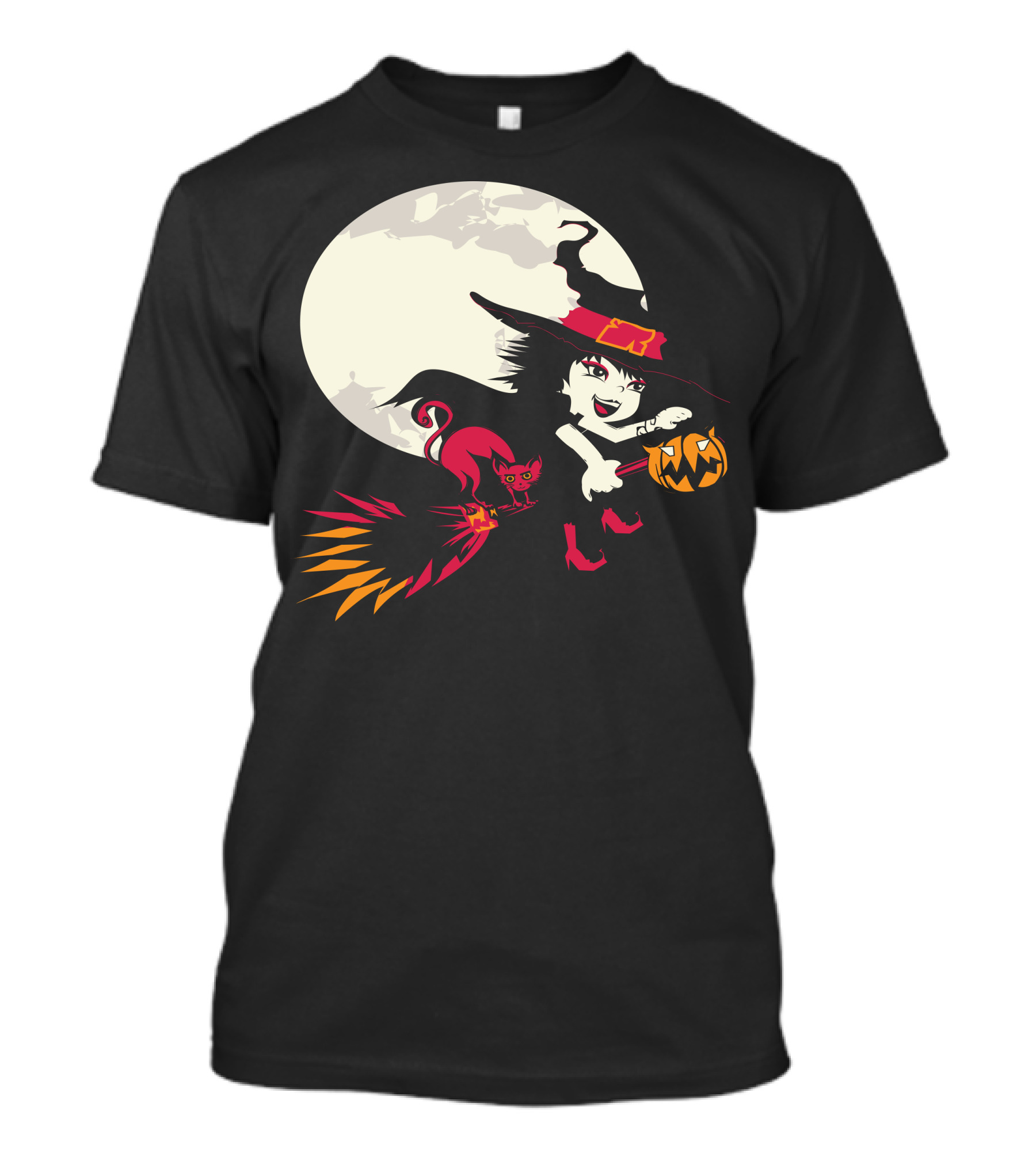 Witch And Cat Flying With Pumpkin Under Full Moon T-Shirt