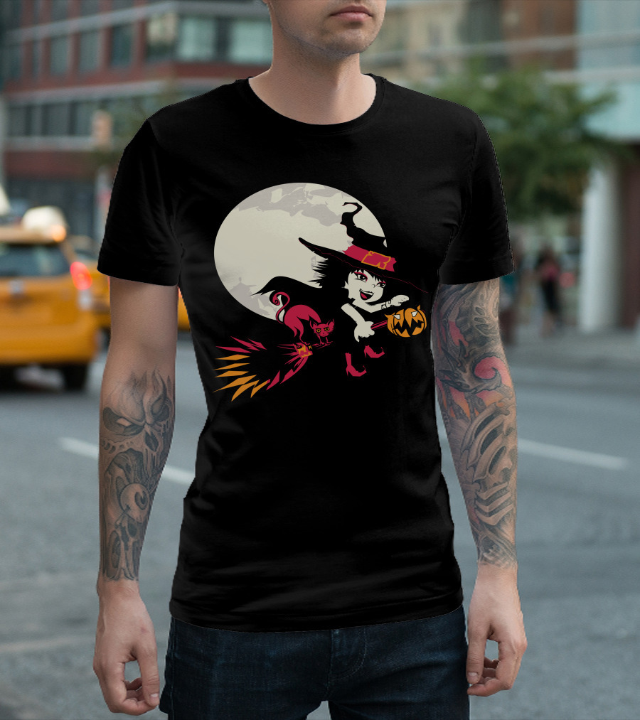 Witch And Cat Flying With Pumpkin Under Full Moon T-Shirt