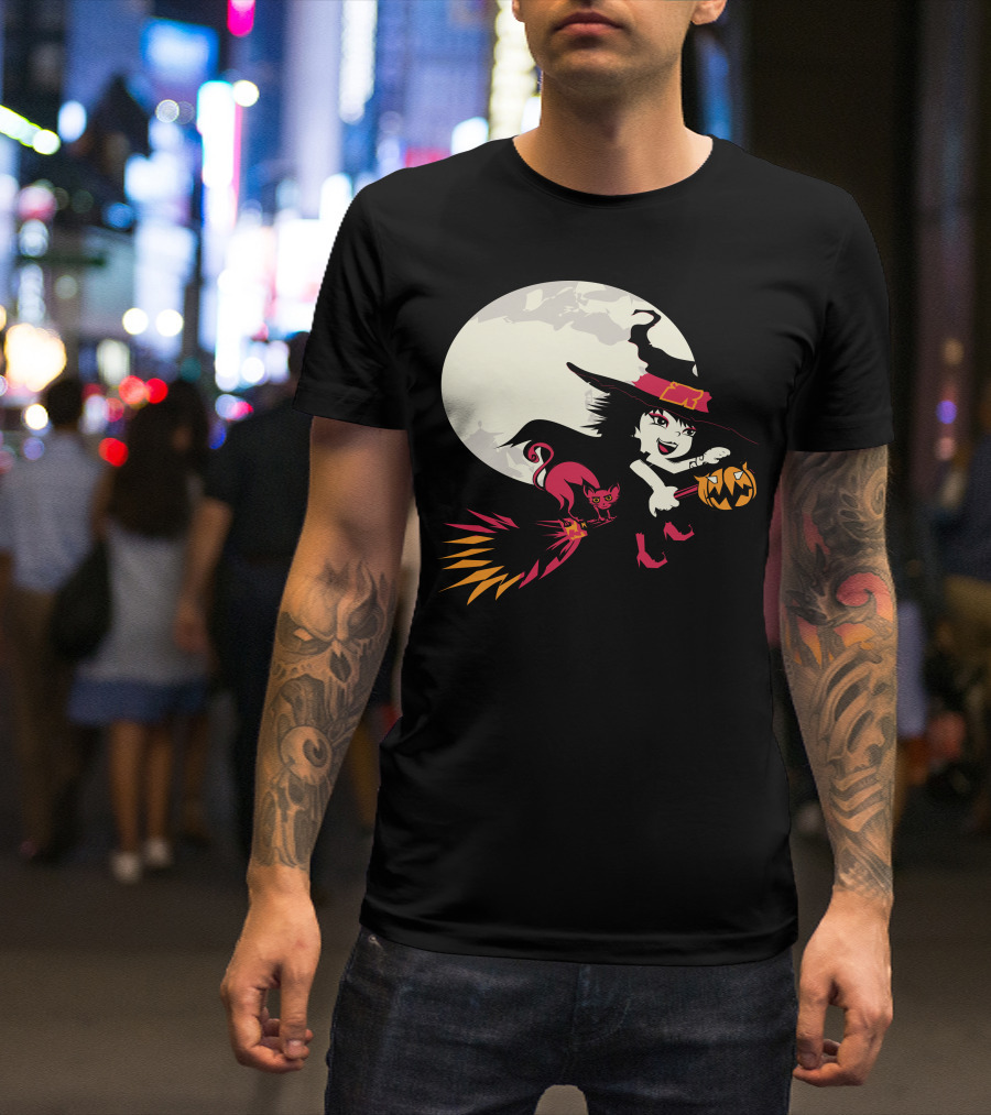 Witch And Cat Flying With Pumpkin Under Full Moon T-Shirt