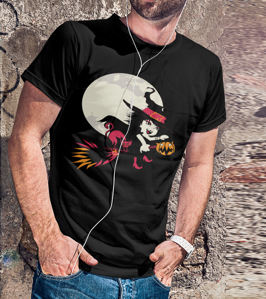 Witch And Cat Flying With Pumpkin Under Full Moon T-Shirt