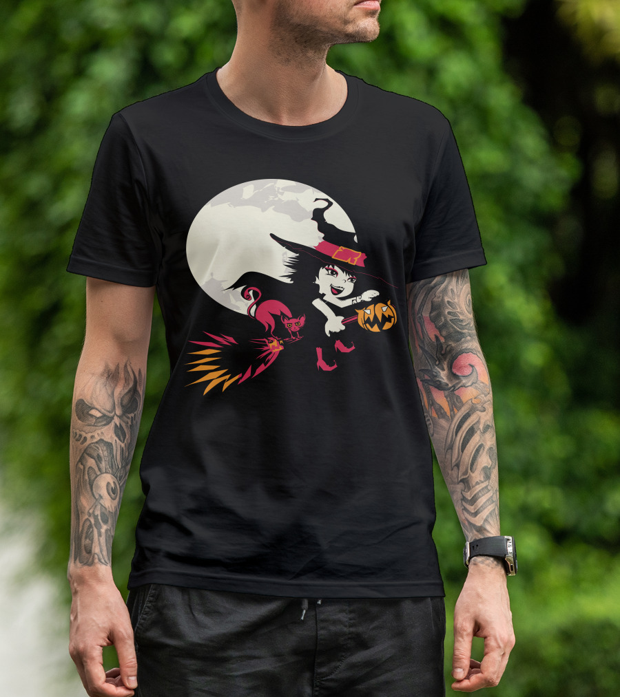 Witch And Cat Flying With Pumpkin Under Full Moon T-Shirt