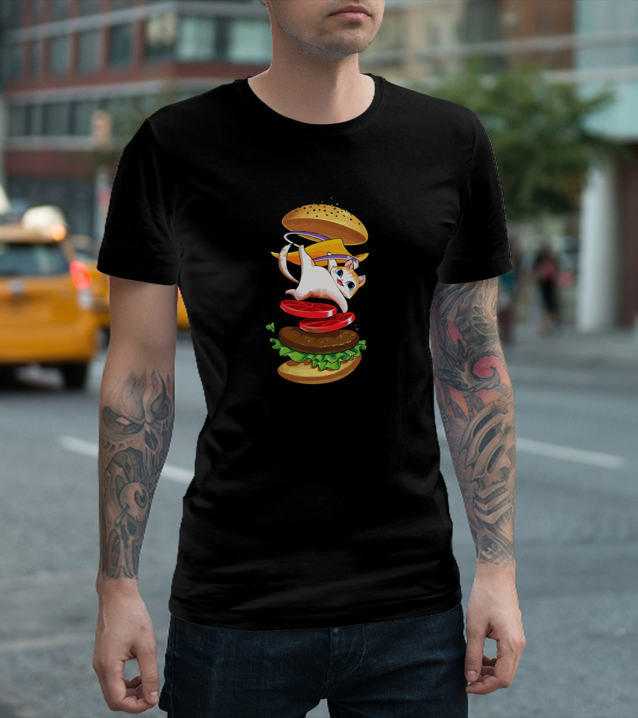 Hamburger Cat Whimsical Stack Of Burger Ingredients T-Shirt