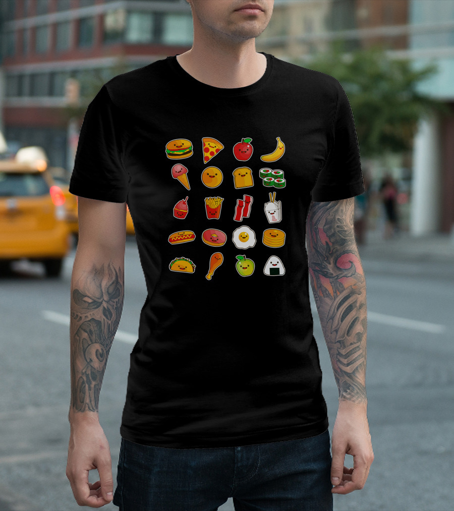 Happy Food New Cute Smiley Pizza Sushi Burger Taco Banana Icons T-Shirt