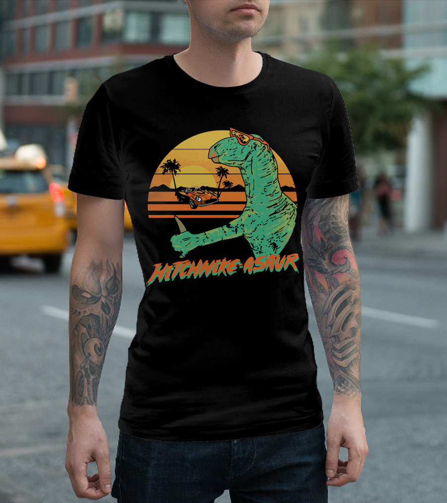 Hitchhike Asaur Sunset Dinosaur with Car and Palm Trees T-Shirt
