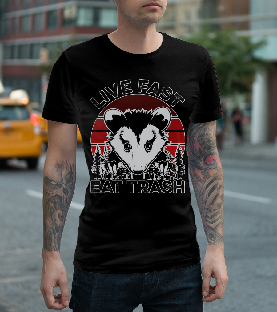 Live Fast Eat Trash Possum Vintage Sunset Forest T-Shirt