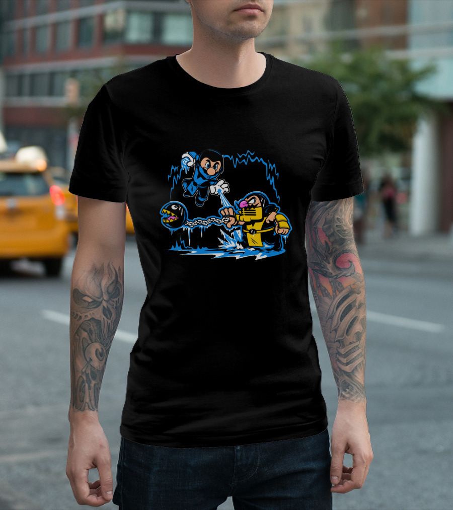 Mario Kombat Crossover Battle with Chain Chomp and Fighter Elements T-Shirt