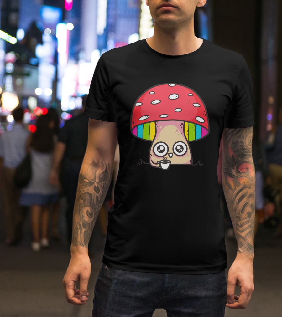 Tea Time Mushroom With Rainbow Cap And Cute Eyes T-Shirt
