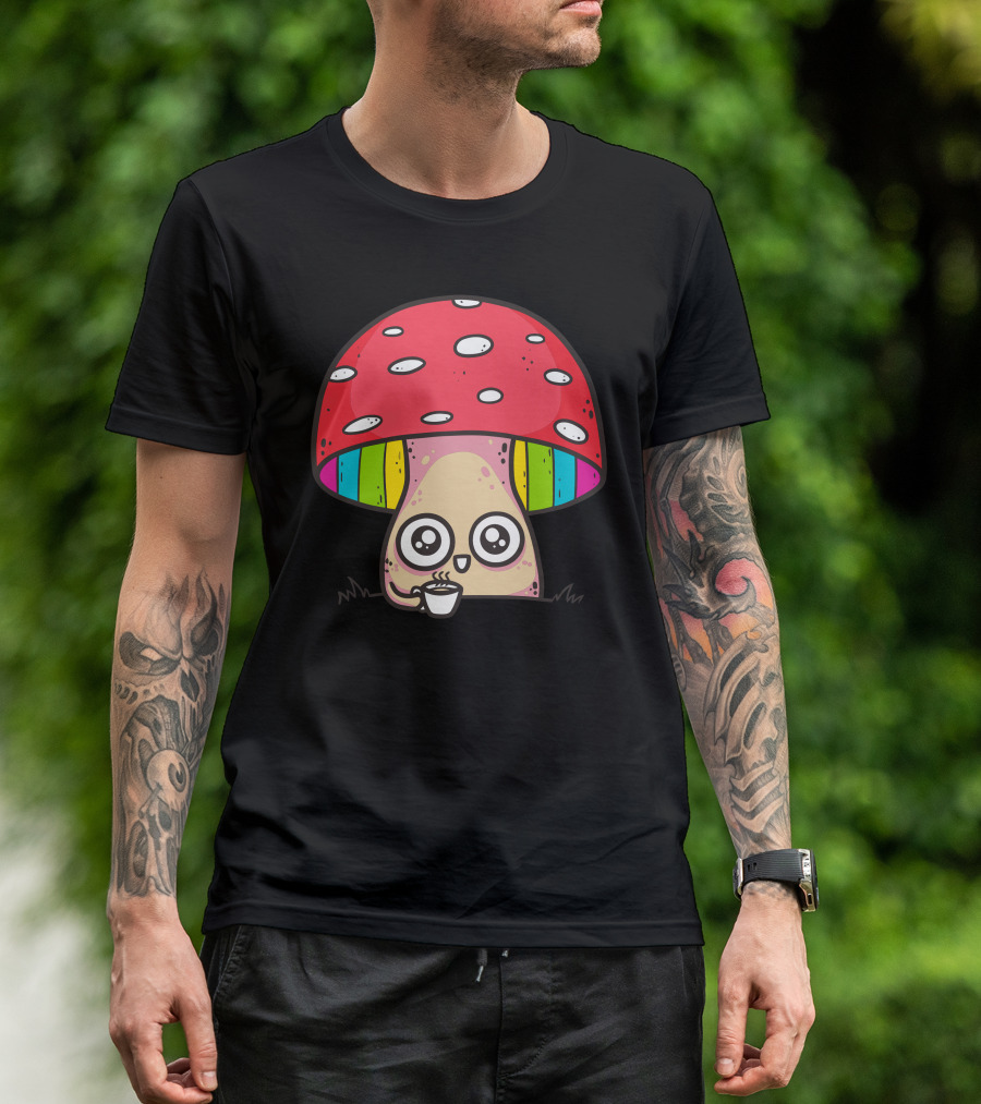 Tea Time Mushroom With Rainbow Cap And Cute Eyes T-Shirt