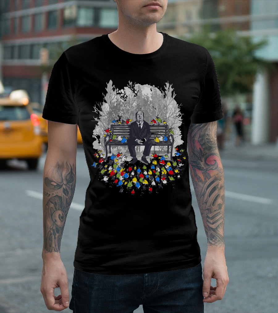 Them Birds on the Bench with Man and Colorful Flock T-Shirt
