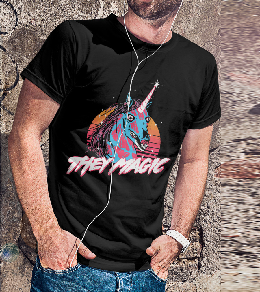 They Magic Retro Unicorn With Vibrant Colors And Sunset Background T-Shirt