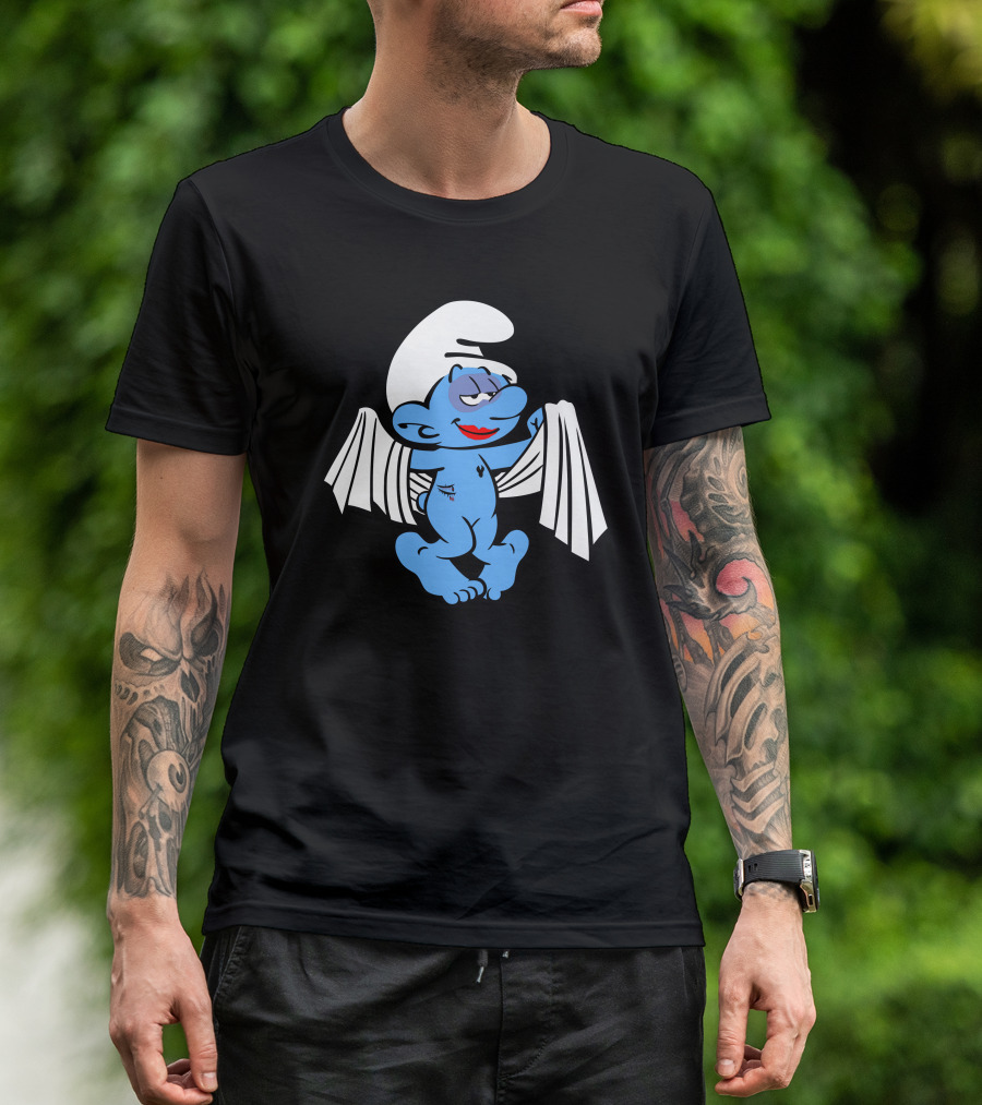 Three Apples Tall Blue Cartoon Character With Wings T-Shirt
